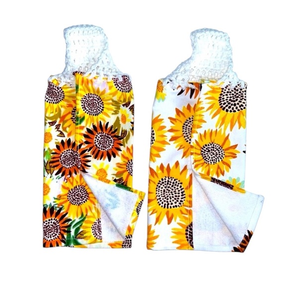 Hand Crafted Colorful Yellow Floral Sunflowers Hanging Hand Towels Crochet Top - Picture 9 of 10